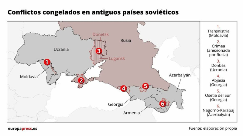 地圖描繪了前蘇聯國家的區域衝突：頓巴斯和克里米亞（烏克蘭）、德涅斯特河沿岸（摩爾多瓦）、南奧塞提亞和阿布哈茲（喬治亞）以及納戈爾諾-卡拉巴赫（亞塞拜然）。   圖 : 達志影像/美聯社