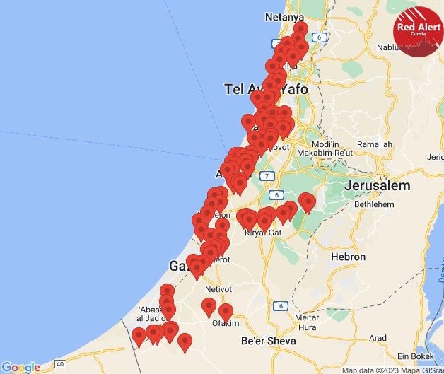 以色列南部和西部今(7)日遭到大規模火箭襲擊。紅色標記為受到攻擊處。   圖:翻攝自推特