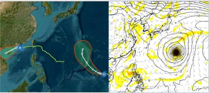 左圖：中央氣象署最新(8日2時)路徑潛勢預測圖顯示，「輕颱布拉萬」在關島東南方海面，未來5天向西轉西北西再逐漸轉北、朝日本南方海面前進；「小犬」在香港南方海面，向西緩慢移動，再向海南島前進。右圖：最新(7日20時)歐洲(ECMWF)模式13日20時模擬圖顯示，「布拉萬」在日本南方海面，有向東北迴轉、加速遠離的趨勢；另一熱帶擾動則通過菲律賓、進入南海後，逐漸發展。(擷自tropical tidbits)   圖/「三立準氣象.老大洩天機」