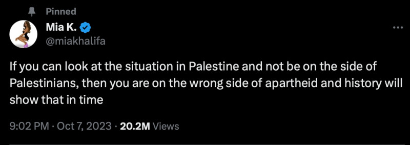 她表示，「如果你看到巴勒斯坦的局勢卻不選擇站在巴勒斯坦人這邊，那麼你就站在種族隔離中錯誤那方，」更強調「歷史會證明這點」。   圖：擷取自Instagram＠miakhalifa