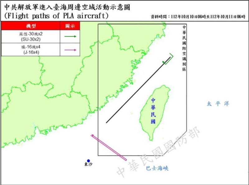 國防部公布資料，10日偵獲共機14架次、共艦5艘次，在台海周邊活動。其中有2架蘇愷-30在台灣北部空域越過中線後貼近中線向南飛行、另有4架次殲-16侵入西南識別區。   圖：翻攝.mnd.gov.tw