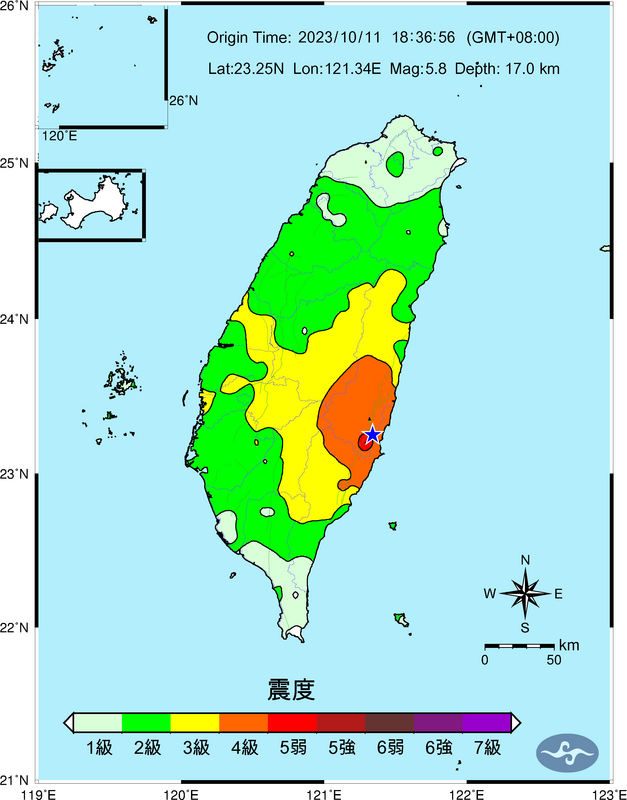 台灣地區11日晚間18時36分左右，發生芮氏規模5.8有感地震，各地震度圖。   圖：翻攝cwa.gov.tw