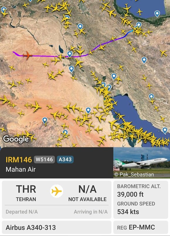 即將降落在大馬士革的空中巴士 A340 飛機上，載著伊朗外交部長以及幾位伊朗革命衛隊聖城旅的幾名指揮官，還有真主黨的數噸反戰車飛彈。   圖：翻攝自X帳號@visegrad24