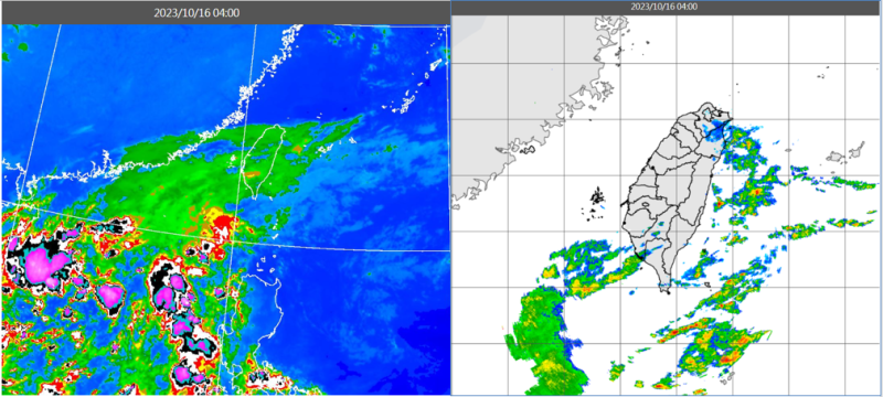 今日4時紅外線雲圖顯示，台灣上空有源自南海的中層雲(左圖)。雷達回波合成圖顯示，台灣上空的降水回波還不明顯。   圖：翻攝自老大洩天機專欄