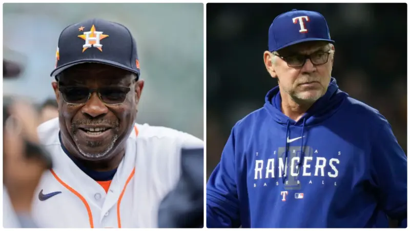 大聯盟美聯冠軍戰老教頭對決，太空人主帥Dusty Baker（左）與遊騎兵總教練Bruce Bochy大鬥法。   圖／美聯社／達志影像，組圖