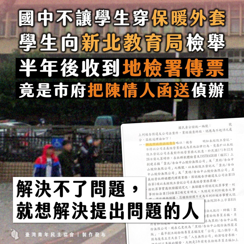 台灣青年民主協會（青民協）今（17）日痛批，新北市府濫用司法資源來恐嚇、報復陳情學生。   圖：擷自青民協臉書粉專
