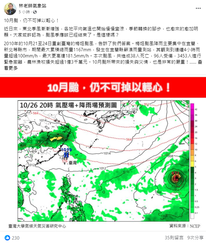 在本月的下旬，西北太平洋海域還會有新的熱帶擾動生成訊號，有可能會影響台灣。   圖：取自林老師氣象站