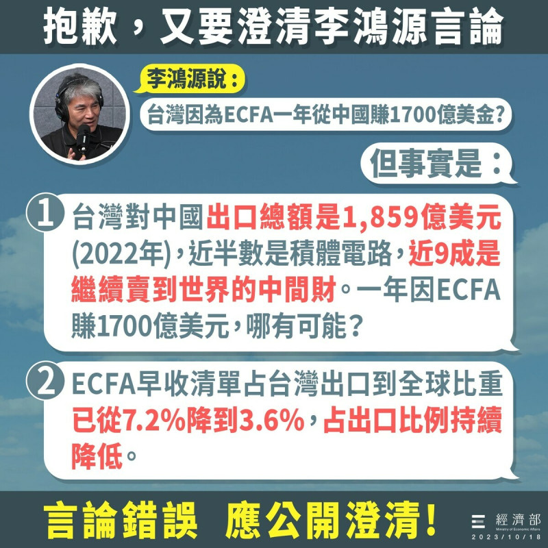 經濟部表示，李鴻源該道歉、該澄清的，不只抹黑口罩國家隊這一件。   圖：取自經濟部臉書