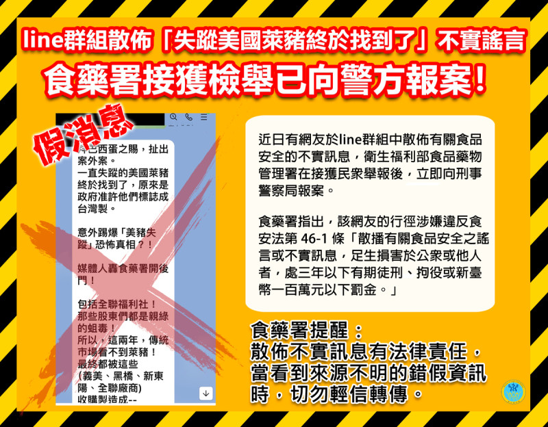 近日網傳「一直失蹤的萊豬終於找到了，政府准許他們標誌成台灣製」的傳聞，食藥署表示此為不實謠言，已依散佈錯假訊息向警方報案。   圖：食藥署／提供