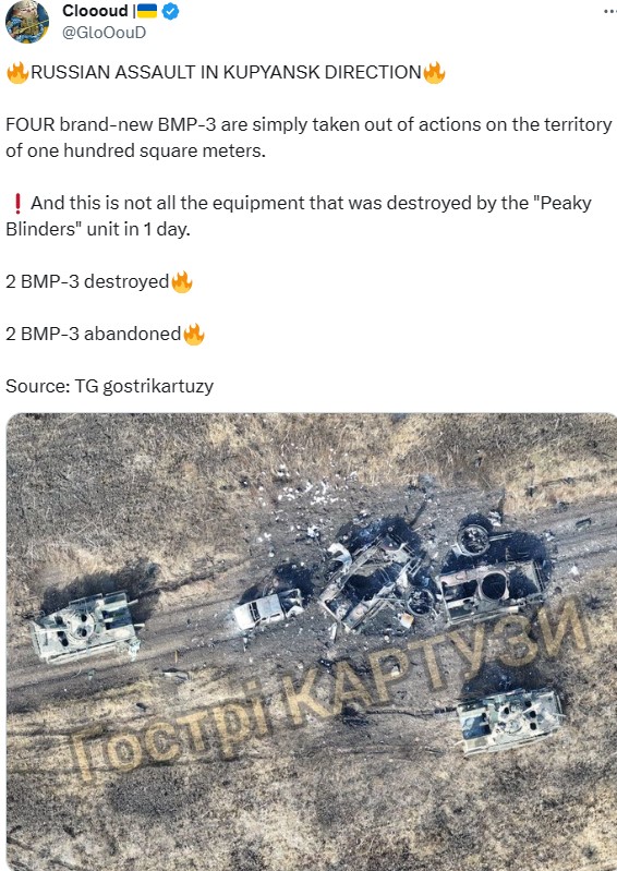 為攻陷庫皮揚斯克，俄軍出動了 4 輛 BMP-3 戰車，但最後結果是，2 輛戰車被摧毀，2 輛戰車被遺棄。   圖：翻攝自 Cloooud X（前推特）帳號