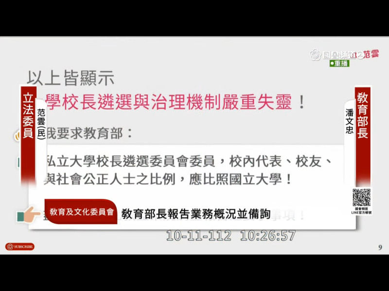 立委范雲11日質詢教育部長潘文忠，調查北教大校長恐嚇濫權一案。   圖：翻攝自  立院議會轉播