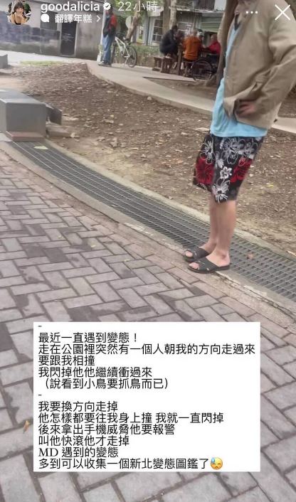 愛莉莎莎分享她日前在公園遇到一名陌生男子，一邊說著「看到小鳥要抓鳥」，一邊朝她衝撞。   圖：翻攝自愛莉莎莎IG