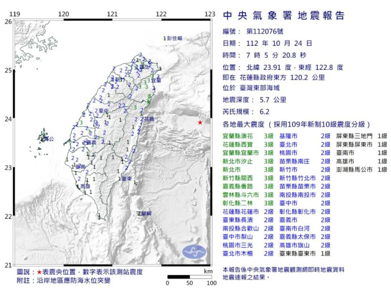 台灣東部外海今（24）天早上7點5分發生一起芮氏規模6.2地震。   圖：中央氣象署提供