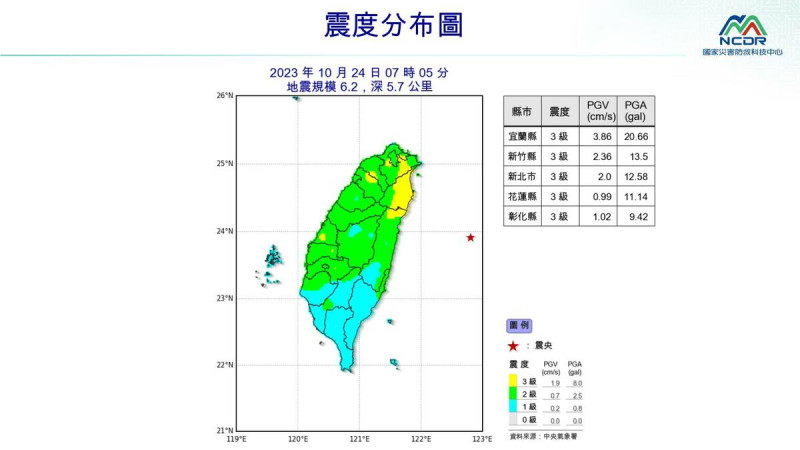 今(24)晨花東外海發生規模6.2地震全台有感。   圖：取自國家災害防救科技中心