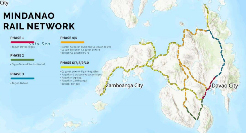 菲律賓宣布撤回向北京提出的民答那峨鐵路一期工程830 億比索官方發展援助的請求，圖紅色部分為民答那峨鐵道計畫第一階段工程。   圖：取自維基百科　Public Domain