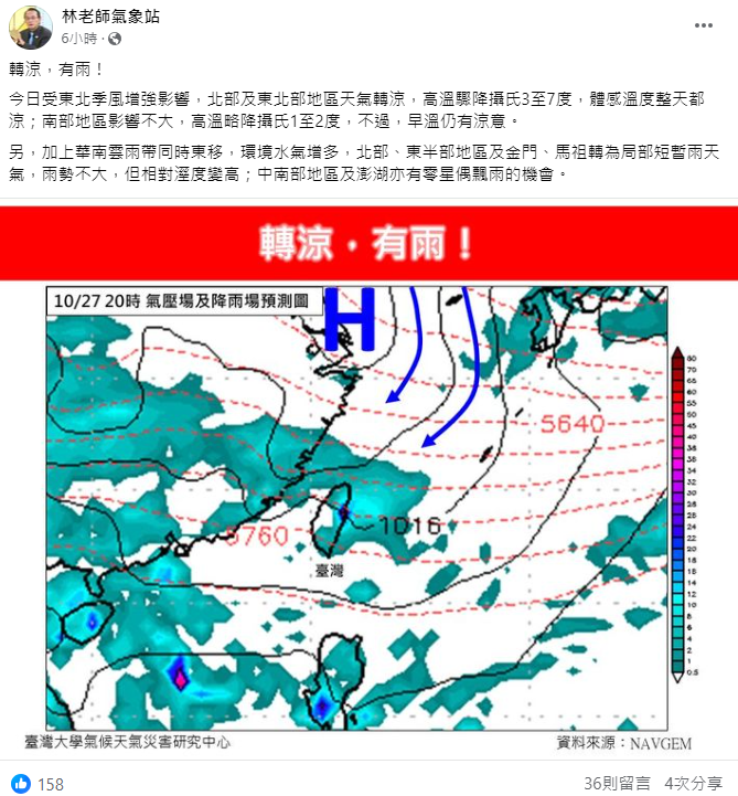 今日北部及東北部地區天氣轉涼，高溫驟降攝氏3至7度。   圖：取自林老師氣象站