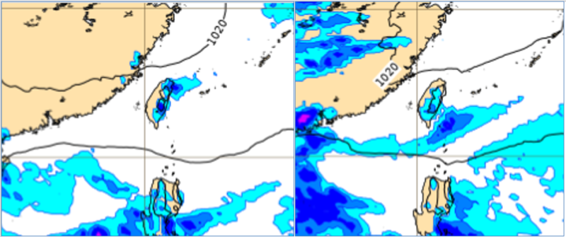 根據6日20時地面模擬圖顯示，東北風南下、6日傍晚起北台灣有少量降雨(左圖)；7日20時的地面模擬圖則顯示，7日白天起水氣逐漸減少，大台北、東半部降雨機率依序降低(右圖)。   圖：翻攝自老大洩天機專欄