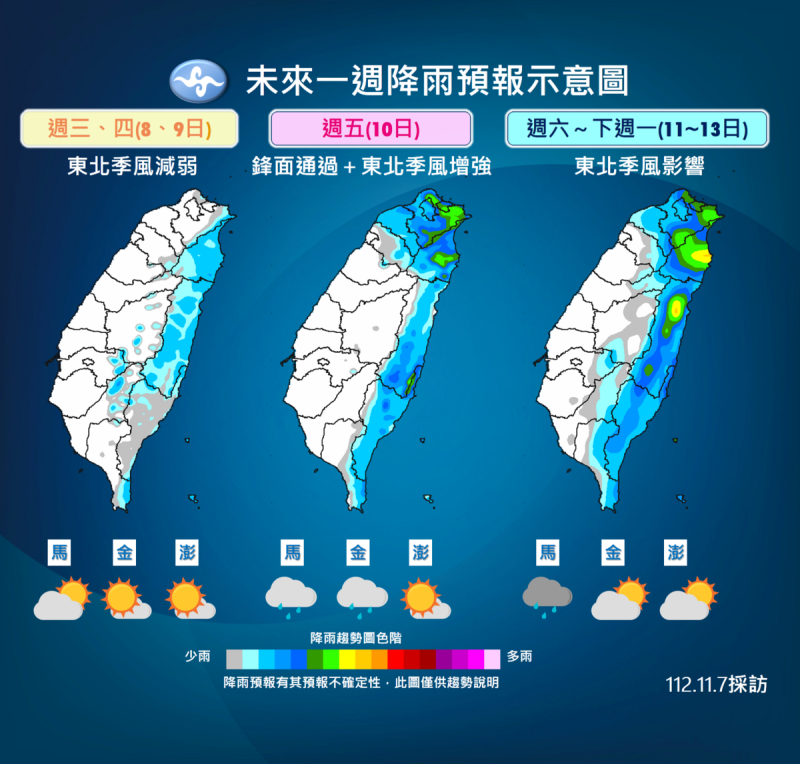 未來一週天降雨預報。   圖：中央氣象署／提供