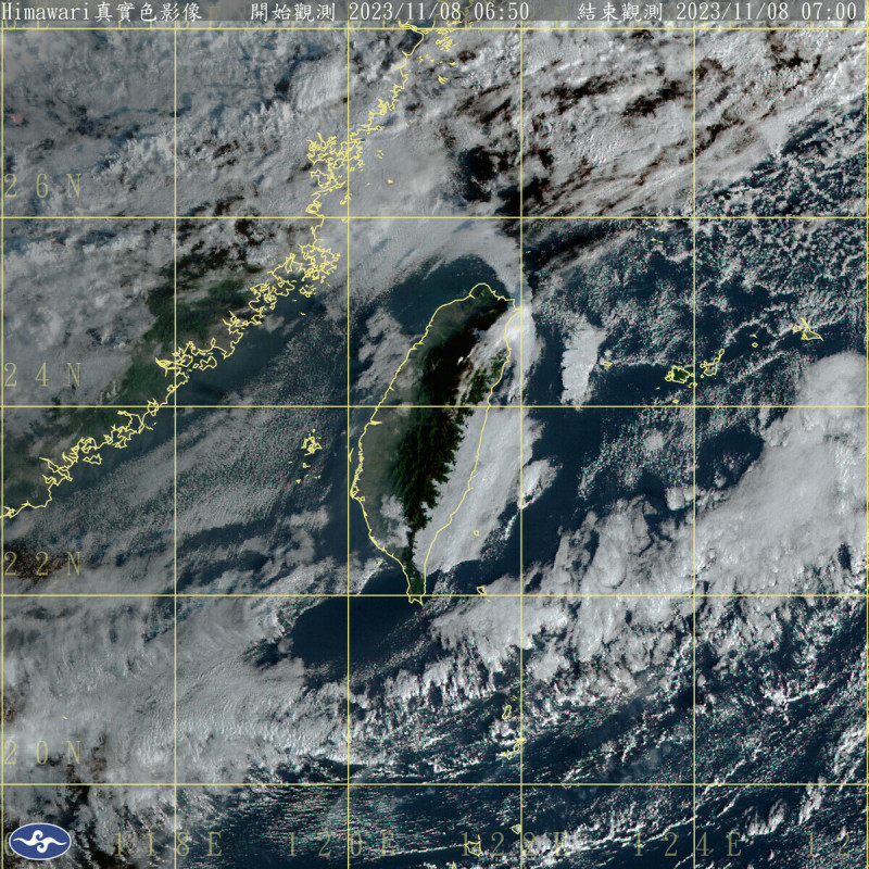 才轉強的東北季風，到了今天又減弱，全台各地包括澎湖、金門、馬祖，大都是多雲到晴天氣，只有東半部地區與恆春半島有零星短暫雨。   圖：中央氣象署／提供