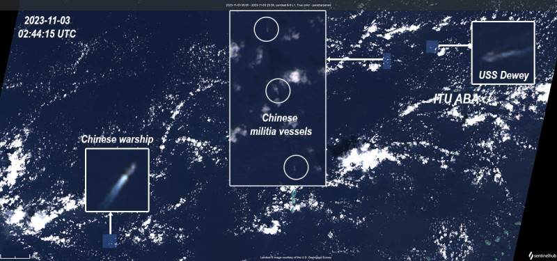  11月3日美中軍艦在台灣擁有管轄權的太平島附近「對峙」衛星影像圖。 圖：翻攝「X」@duandang 