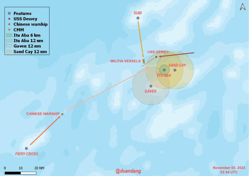  段當以衛星影像結合地圖標示，指美艦杜威號駛近鄭和群礁時，中國就從西北方約70公里的渚碧礁派出民兵船隊，攔截杜威號。 圖：翻攝「X」@duandang 