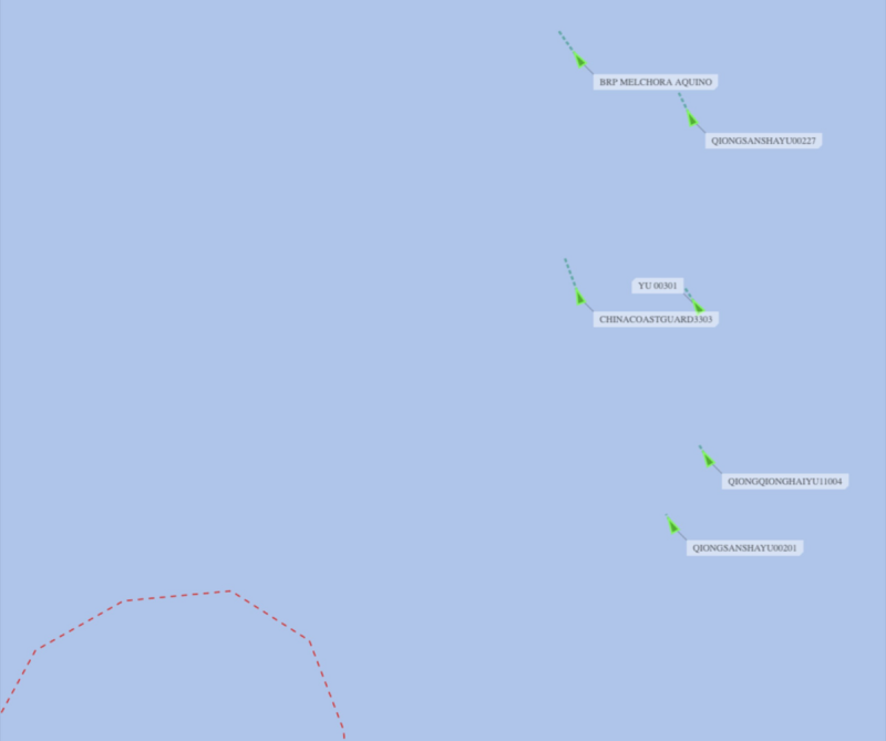 中國的巡邏艇和 4 艘民兵船正跟隨菲律賓巡邏艦遠離仁愛礁地區 圖 : 翻攝自推特。