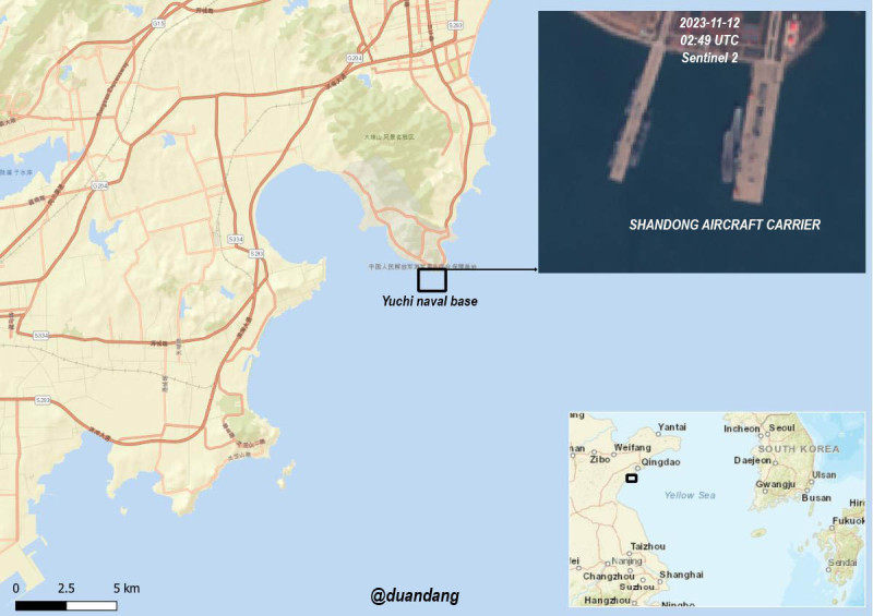 X帳號「Duan Dang」（@duandang）今日（ 12 日）表示從哨兵二號衛星拍攝的圖像證實，山東號航母確實已經抵達青島魚池海軍基地。   翻攝自X帳號「@duandang」