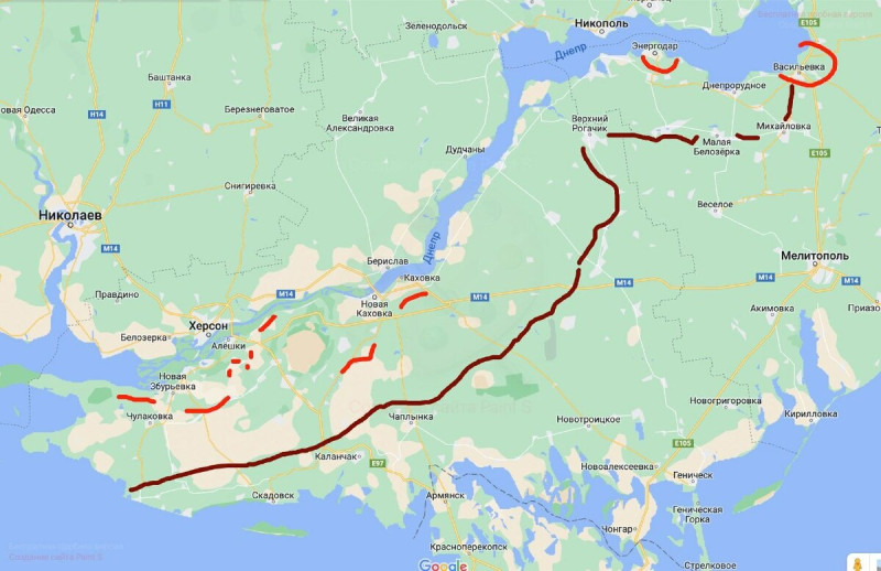 因烏軍在第聶伯河作戰順利，負責指揮俄軍的特普林斯基將軍，被迫選擇撤退。圖為地圖。   圖：翻攝自 PStyleOne1 X（前推特）帳號