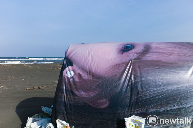 海灘上，競選帆布上的候選人肖像僅露出一半的臉孔和一隻眼睛，非常詭異與超現實，成為冬季的蘭陽溪口海灘獨特的地景。   圖：張良一/攝