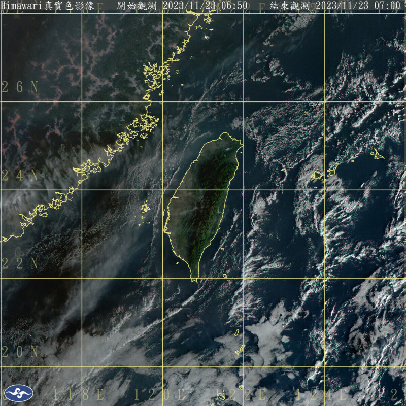 目前台灣上空晴朗無雲，今天全台大都是好天氣；不過根據氣象預報，晚間起東北季風增加，沿海地區將有8級以上強陣風，即將變天。   圖：中央氣象署／提供