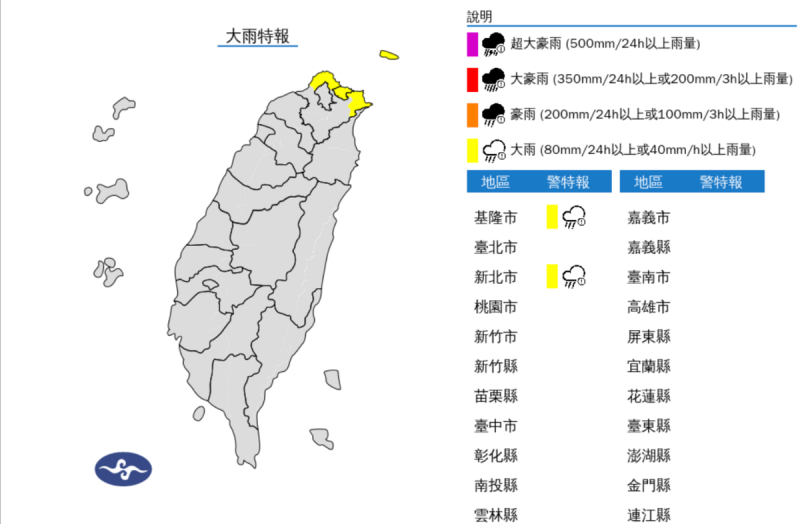 東北季風影響，氣象署發布大雨特報，今(26)日基隆北海岸有局部大雨發生的機率。   圖片來源/氣象署