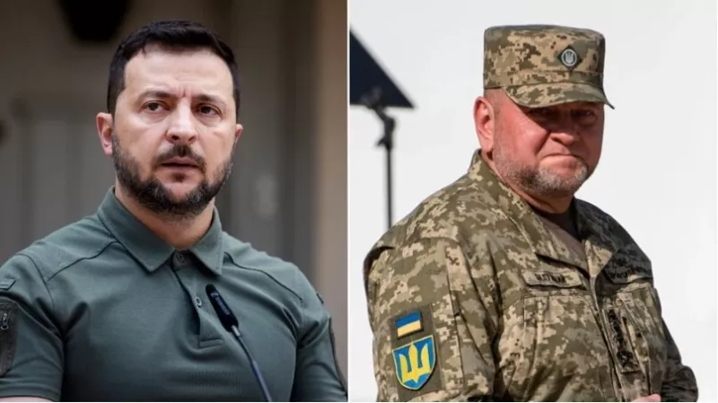  有傳聞指烏克蘭總統澤連斯基(左)與烏軍總司令扎盧日內(右)對俄政策產生矛盾。 (圖：翻攝自邵永靈) 