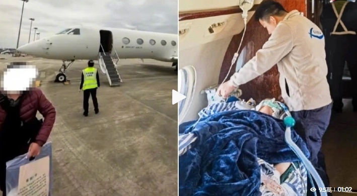 在西藏出車禍的「血槽姐」搭乘灣流G550私人飛機就醫，還一路有警車開道送至醫院。   圖 : 翻攝自X (前推特)