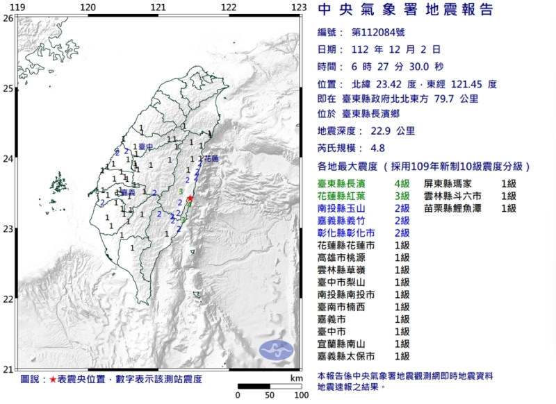 今天(2日)清晨6時27分台東發生芮氏規模4.8地震。   圖/中央氣象署