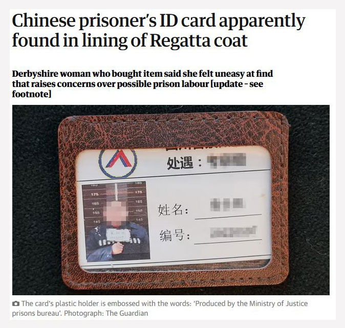 英國品牌 Regatta 的一件外套襯裡內發現了一張似乎屬於中國囚犯的身份證，引發了人們對該服裝是由監獄勞工製造的擔憂。   圖：翻攝自X帳號@自由亞洲電台