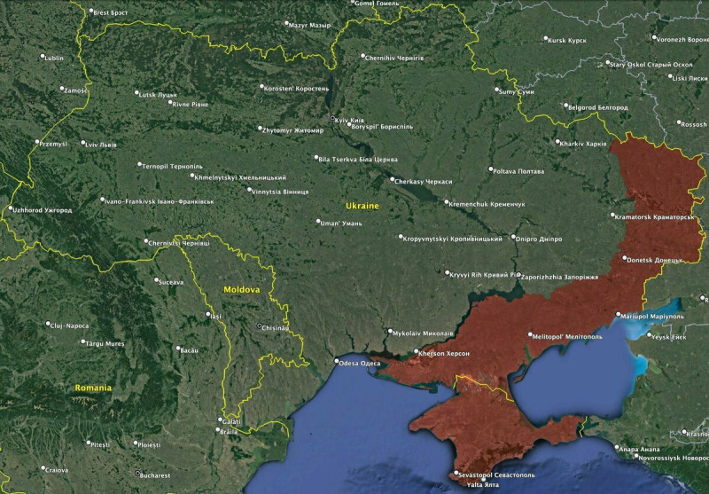  截至 2023 年 12 月 2 日，俄羅斯佔領烏克蘭領土的 17.84%。可以看到圖片上，土紅色的部分即為目前俄羅斯佔領的烏克蘭土地。 圖：翻攝自X帳號@ukraine_map 