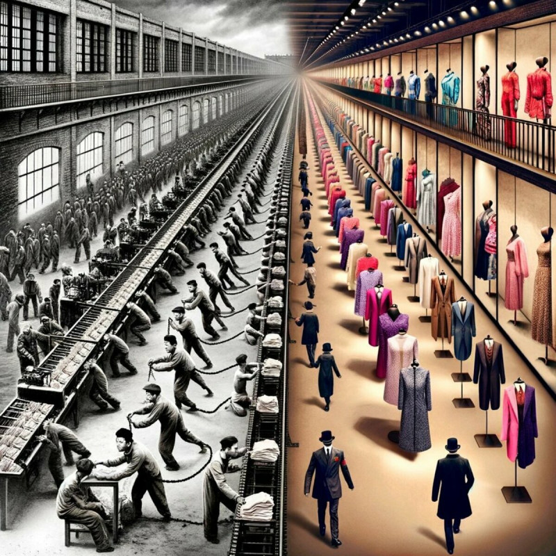 由著名「X」用戶以AI製作的意境圖，顯示奢華高檔服飾、英國上流人士，及中國工廠基層員工、製作衣服的囚犯間強烈對比，諷刺意味不言而喻。   圖：擷自「X」@remonwangxt