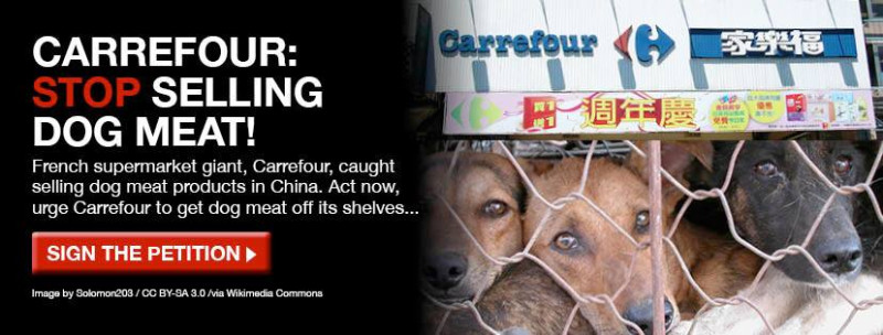 亞洲動物基金會揭露在中國的家樂福販售狗肉產品，在網路發起連署。   圖：翻攝亞洲動物基金會臉書
