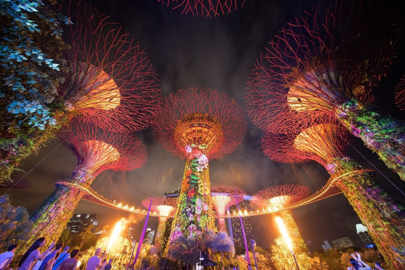 在6月3日和4日舉行的濱海灣花園五週年慶祝活動的「奇異大匯演」，其中的特效就包括了從華僑銀行空中走道和擎天樹叢的地面投射烈焰   圖：由ACN Newswire提供