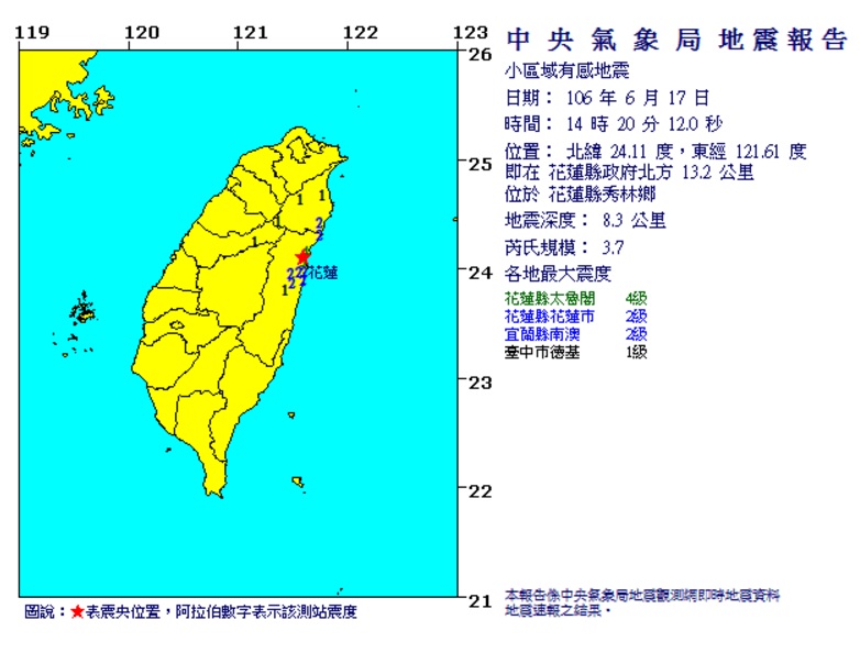 花蓮秀林鄉於14:20發生地震規模3.7，深度8.3公里，目前無傳出災情。   圖：氣象局