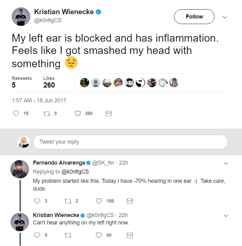 今日（19）丹麥的《CS：GO》電競選手「k0nfig」Kristian Wienecke在推特上表示自己耳朵好像堵住了，隨後便聽不到任何聲音。   圖：翻攝自 Kristian Wienecke 個人推特