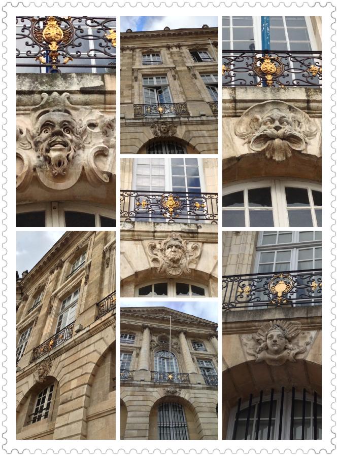 清晨在Place de bourse廣場看見一整列各式各樣的屋椽人像裝飾，感嘆歐洲人文化藝術的內涵。   圖：張芳如攝