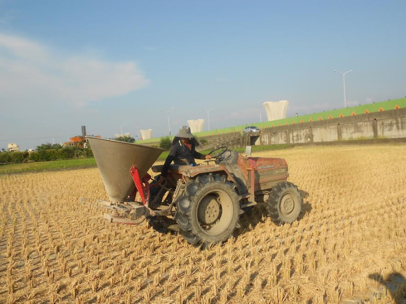 農民施灑益菌肥。   圖：台中市政府提供