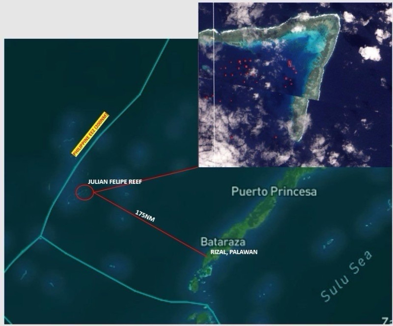 菲律賓海岸警衛隊 3 日表示，有 135 艘中國民兵船隻出現在南海朱利安菲利普礁一帶，該處屬於菲律賓專屬經濟海域。   圖：翻攝自X帳號「@MB_mrtnsdngdng」