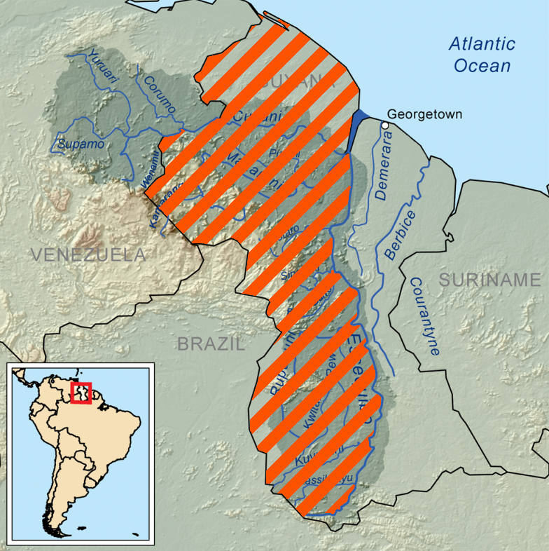 委內瑞拉主張擁有佔蓋亞那版圖2/3的艾瑟奎波地區（橘色區域），有豐富的石油礦藏，成為兵家必爭之地。   圖：翻攝自維基網站
