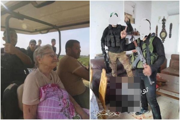 以色列政府公布哈瑪斯綁架老婦人以及殺害平民後踩在屍體上合照的影像。   圖：翻攝hamas-massacre.net