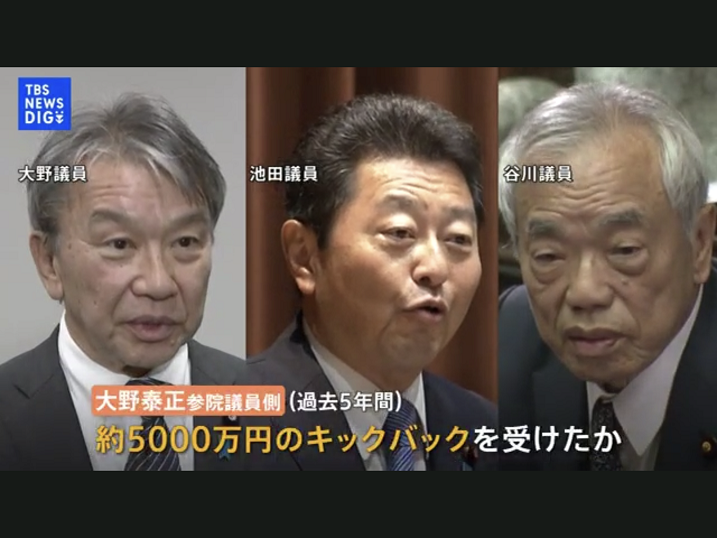  安倍派又爆出三位國會議員是拿了募款餐會回扣四千萬日圓以上，其中大野泰正是拿了五千萬日圓以上，這是因為與統一教有關。 圖:翻攝自TBS新聞 