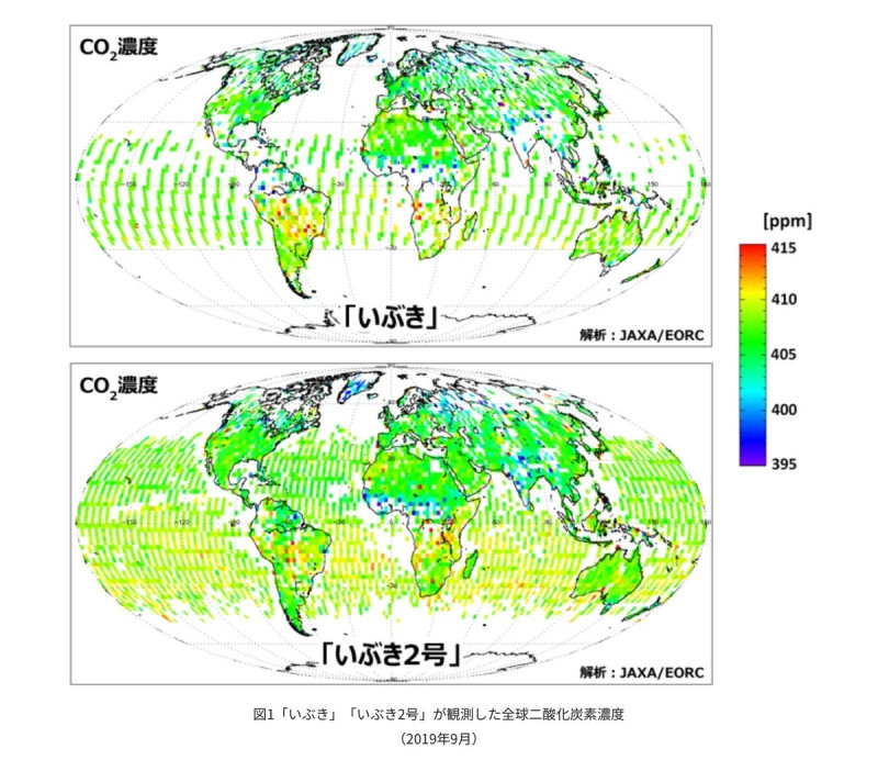 氣息號與氣息二號在2019年9月觀測到的全球二氧化碳濃度。氣息二號的感測器可以捕捉到比氣息號更多的資訊。（圖／JAXA）
