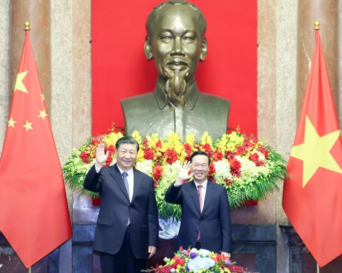 習近平在河內主席府同越南國家主席武文賞舉行會談。 圖:翻攝自新華社