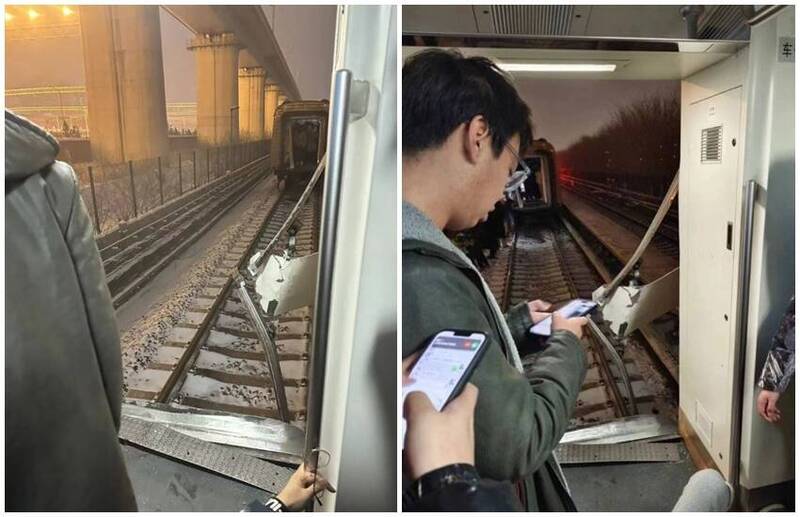 北京地鐵一輛列車末兩節車廂在行駛途中突然與本體分離，有數名站在車廂連接空間的乘客受傷。   圖：翻攝微博